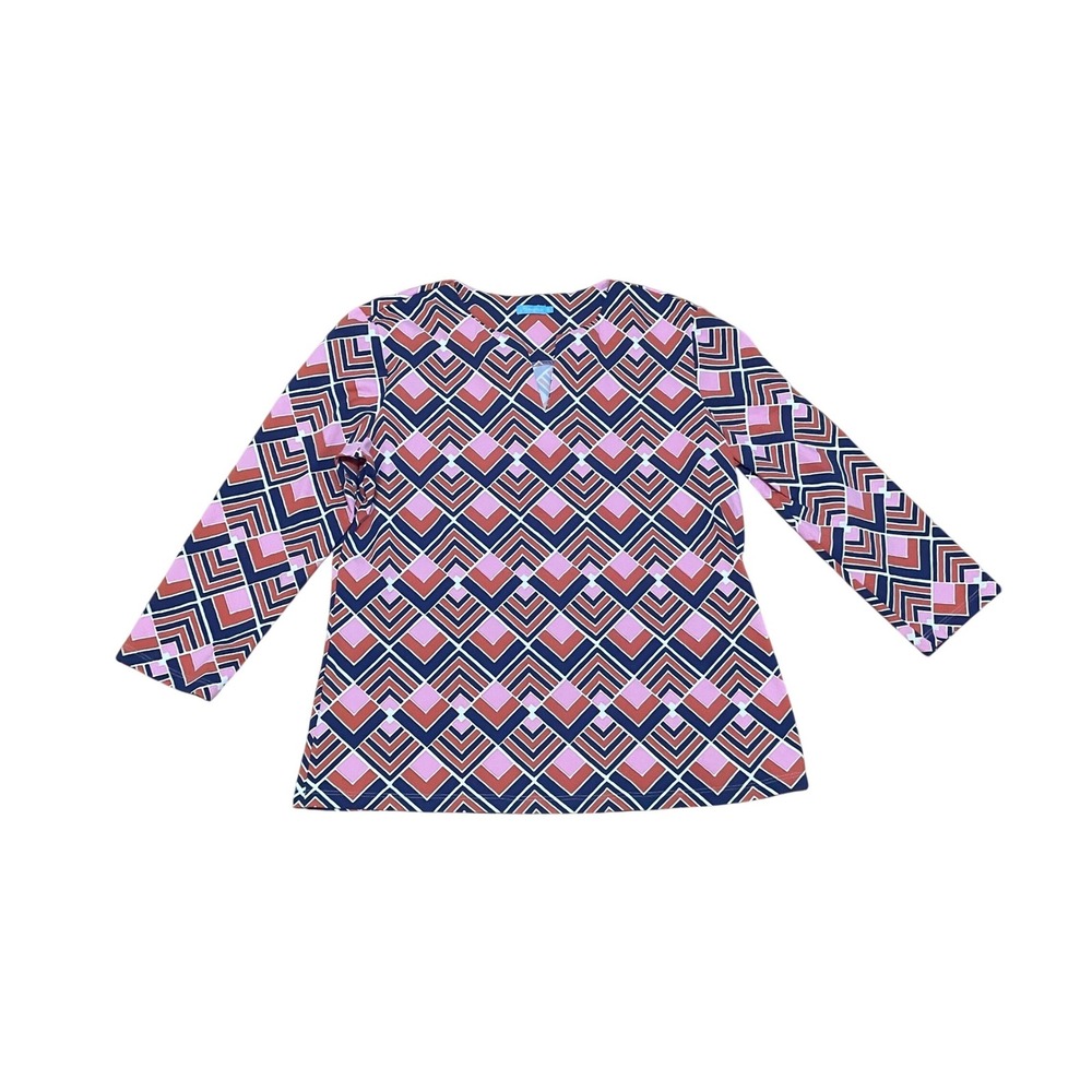 J.McLaughlin Women's M Geometric Diamond V-Neck 3/4 Sleeve Top Navy Pink Orange